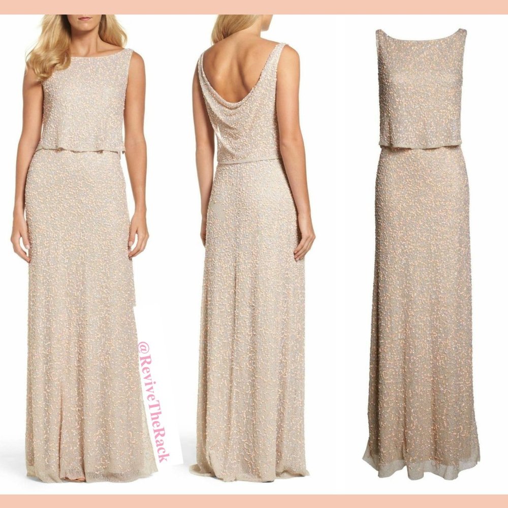 NEW $329 Adrianna Papell Sequin‎ Popover Mermaid Gown in Coral Nude [SZ 10 ]